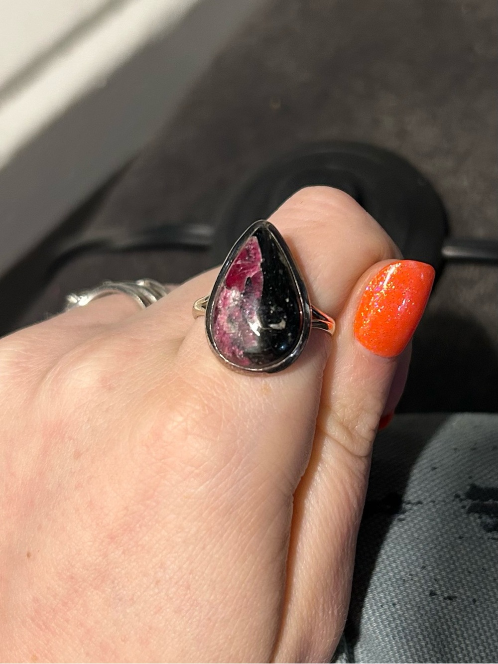 Teardrop Black and Pink Gemstone Sterling Ring